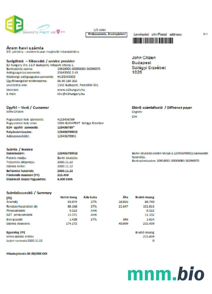 Węgry E2 rachunek za media Word i PDF format